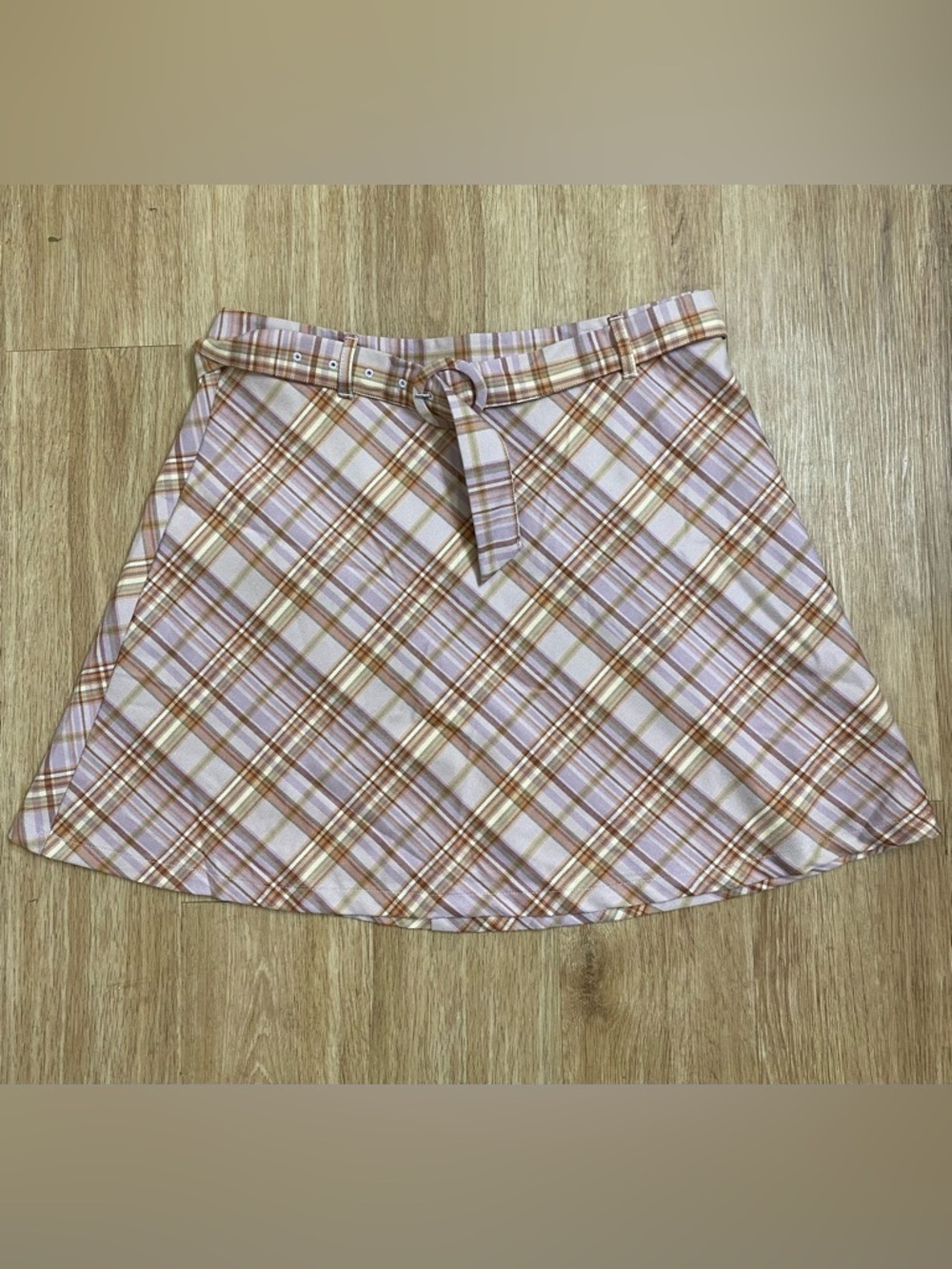 Princess Highway Lilac and Brown Plaid A-Line Skirt with Belted Waist